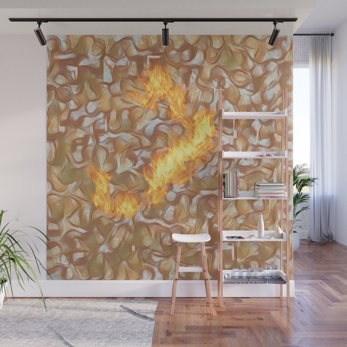Abstract digital pattern design with curved shapes and flames Wall Mural