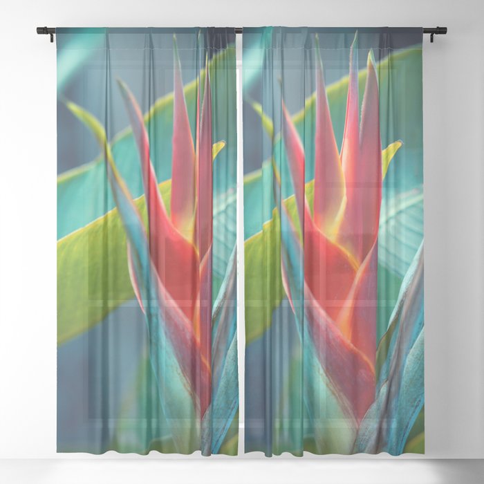 Beautiful Helicon Flower With Palm Leaves Sheer Curtain