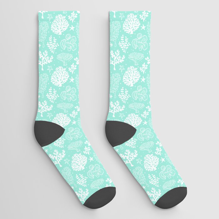 Mint Blue And White Coral Silhouette Pattern Socks