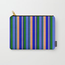 [ Thumbnail: Brown, Blue, Dark Green, and Royal Blue Colored Lines Pattern Carry-All Pouch ]