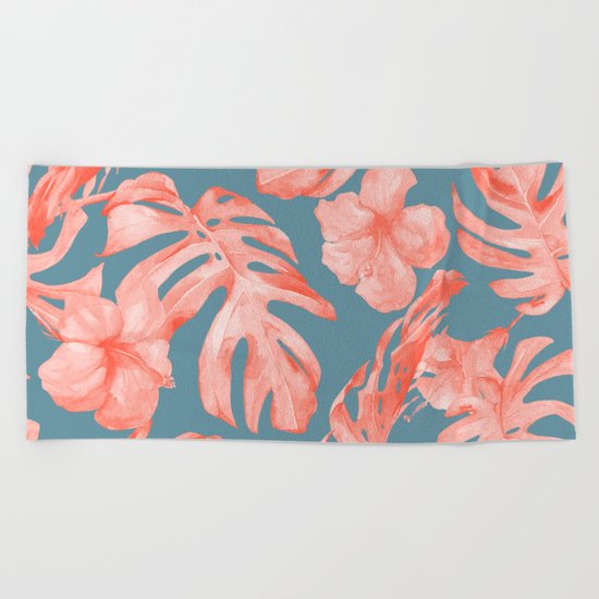 Island Life Coral on Deep Teal Blue Beach Towel