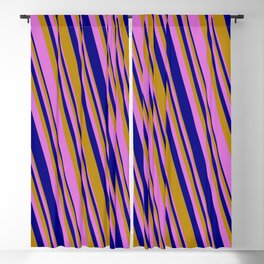[ Thumbnail: Dark Goldenrod, Orchid, and Blue Colored Striped/Lined Pattern Blackout Curtain ]