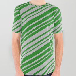 [ Thumbnail: Forest Green & Grey Colored Stripes Pattern All Over Graphic Tee ]