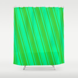 [ Thumbnail: Green and Lime Green Colored Lined Pattern Shower Curtain ]