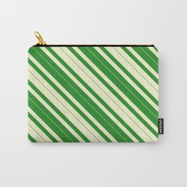 [ Thumbnail: Light Yellow & Forest Green Colored Lined/Striped Pattern Carry-All Pouch ]