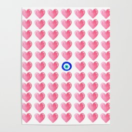 Pink Hearts & Evil Eye Watercolor Poster