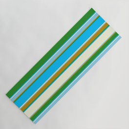 [ Thumbnail: Forest Green, Deep Sky Blue, Beige, Sky Blue, and Dark Goldenrod Colored Striped/Lined Pattern Yoga Mat ]