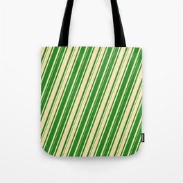 [ Thumbnail: Beige & Forest Green Colored Pattern of Stripes Tote Bag ]
