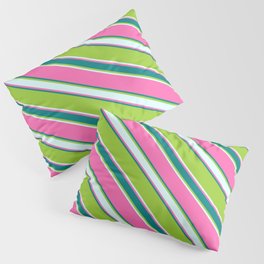 [ Thumbnail: Hot Pink, Teal, Green, and Light Cyan Colored Stripes/Lines Pattern Pillow Sham ]