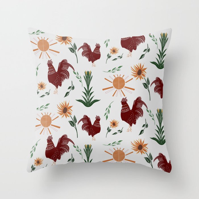 Folk art rooster pattern Throw Pillow