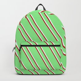 [ Thumbnail: Light Green, Mint Cream & Red Colored Striped Pattern Backpack ]