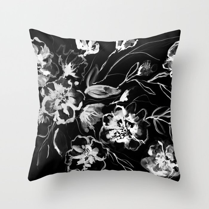 Boldly White Painted Ink Flowers On Black Background Throw