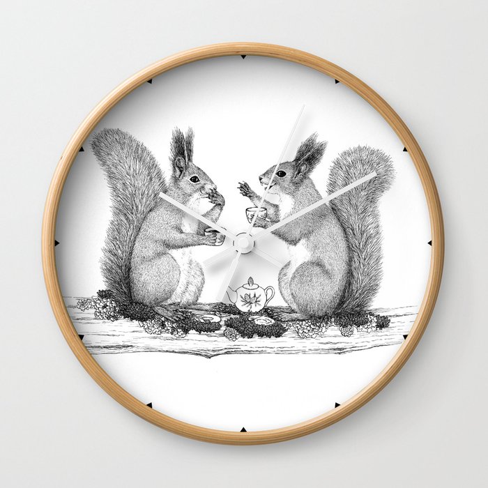 Squirrels drinking tea and chatting Wall Clock
