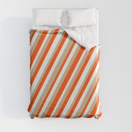 [ Thumbnail: Red, Mint Cream, and Tan Colored Lines Pattern Duvet Cover ]