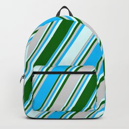 [ Thumbnail: Deep Sky Blue, Light Cyan, Dark Green & Light Gray Colored Lines Pattern Backpack ]
