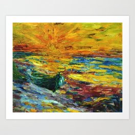 Late Summer Beach Sunset with waves and boat landscape painting by Emil Nolde Art Print