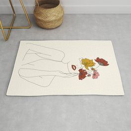 Colorful Thoughts Minimal Line Art Woman with Flowers Rug