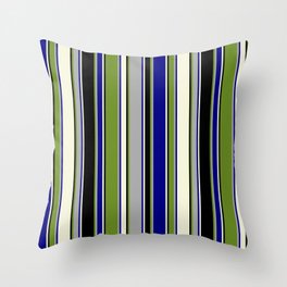 [ Thumbnail: Green, Dark Gray, Blue, Beige, and Black Colored Lined Pattern Throw Pillow ]