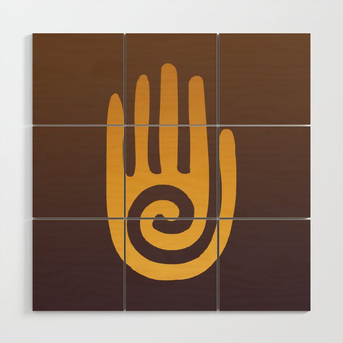 Spiral Hand Symbol - Ochre on Purple and Brown Gradient Background Wood Wall Art