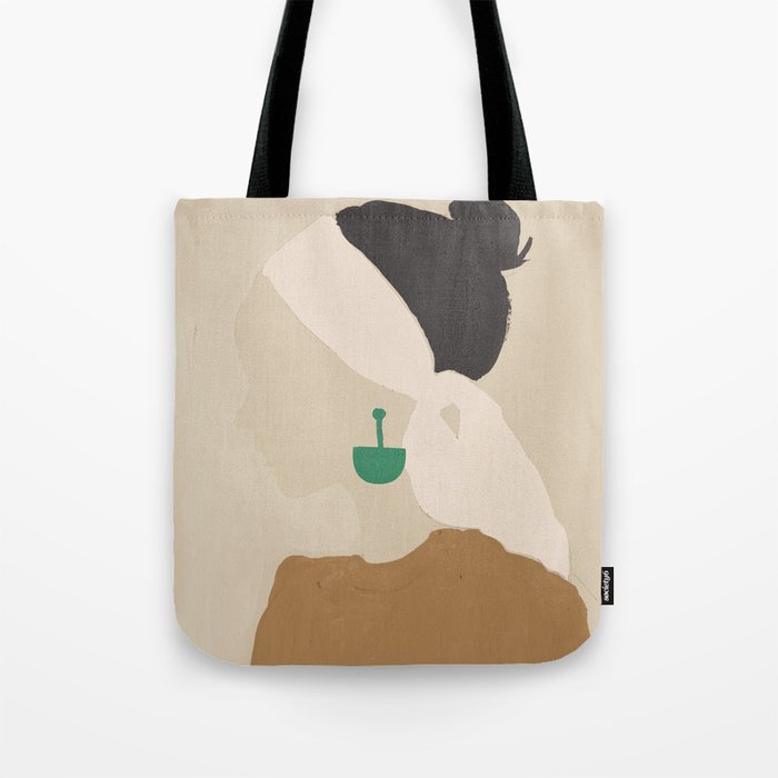 Minimalist Woman with Green Earring Tote Bag