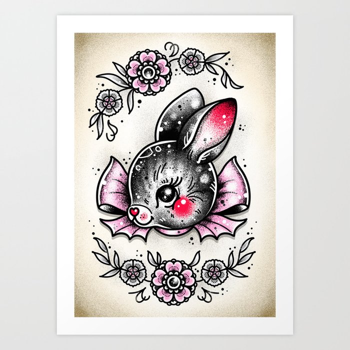 Bunny Bun Rabbit with Bow Cute Traditional Flash Tattoo Art Print by Ella  Mobbs | Society6