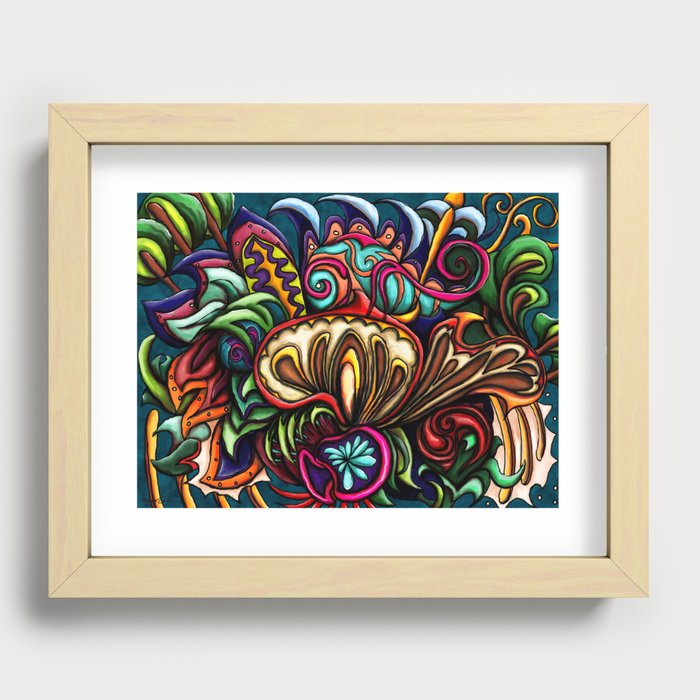 Chameleon on mushroom painting, colorful abstract nature Recessed Framed Print