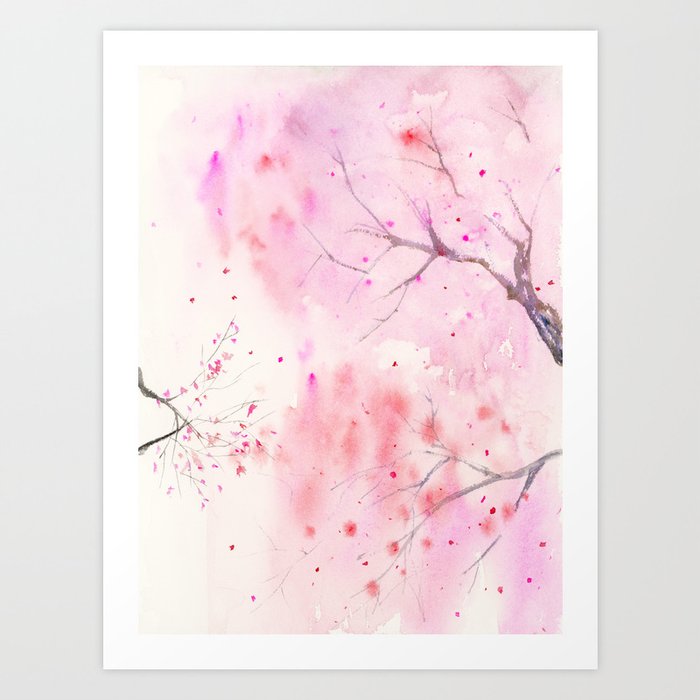 Cherry Blossom, Abstract,  Art Watercolor Painting  by Suisai Genki  Art Print