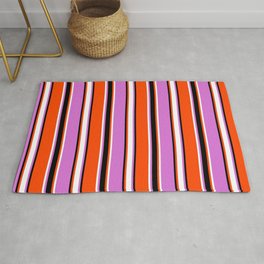 [ Thumbnail: Red, Black, Orchid, and White Colored Stripes Pattern Rug ]