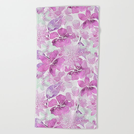 Soft Pink Pastel Watercolor Flower Pattern Beach Towel