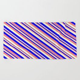 [ Thumbnail: Blue, Light Coral, and Light Yellow Colored Stripes Pattern Beach Towel ]