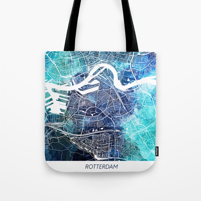 Rotterdam Map Netherlands Holland Map Navy Blue Turquoise Watercolor Tote Bag
