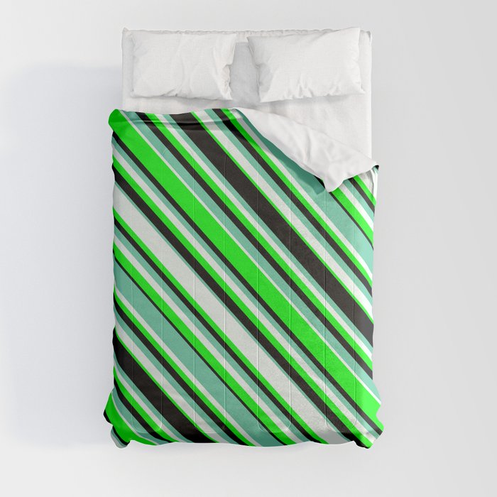 Aquamarine, Mint Cream, Lime, and Black Colored Pattern of Stripes Comforter