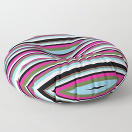 [ Thumbnail: Vibrant Deep Pink, Dark Olive Green, Sky Blue, White, and Black Colored Lined/Striped Pattern Floor Pillow ]