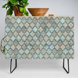 Old Moroccan Tiles Pattern Teal Beige Distressed Style Credenza