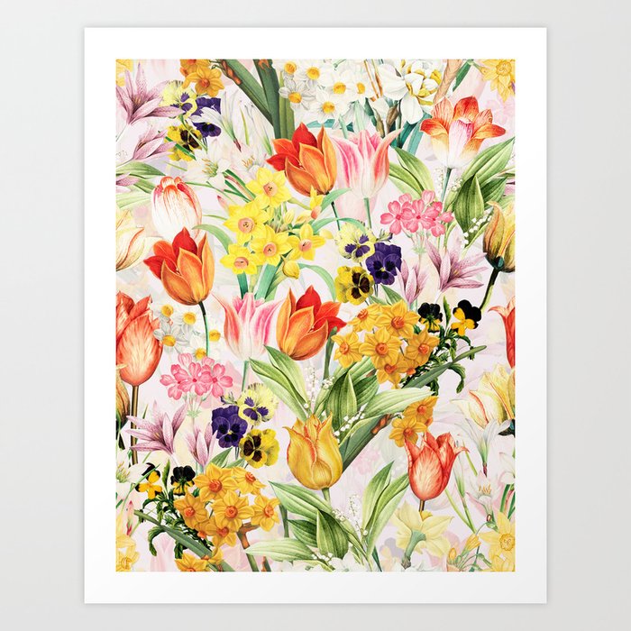 Colorful Vintage Botanical Springflowers Garden Art Print