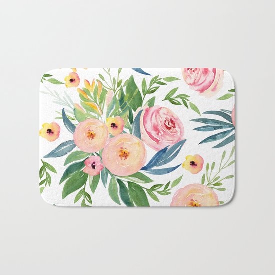 Elegant Roses Coral Pink + Green Bath Mat