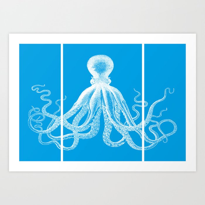 Octopus Faux Triptych | Vintage Octopus | Tentacles | Turquoise Blue and White | Art Print