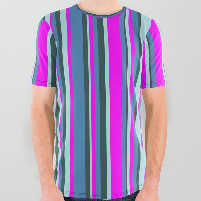 Fuchsia, Blue, Dark Slate Gray, and Powder Blue Colored Lines/Stripes Pattern All Over Graphic Tee