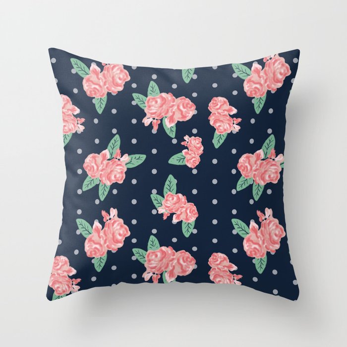 Brooklin - Navy dots floral bouquet minimal boho abstract flowers Throw Pillow