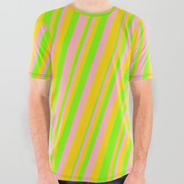 [ Thumbnail: Light Pink, Yellow & Chartreuse Colored Lines Pattern All Over Graphic Tee ]