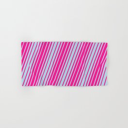 [ Thumbnail: Deep Pink and Light Blue Colored Lined/Striped Pattern Hand & Bath Towel ]