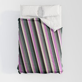 [ Thumbnail: Dark Slate Gray, Grey, Orchid, Beige & Black Colored Stripes Pattern Comforter ]