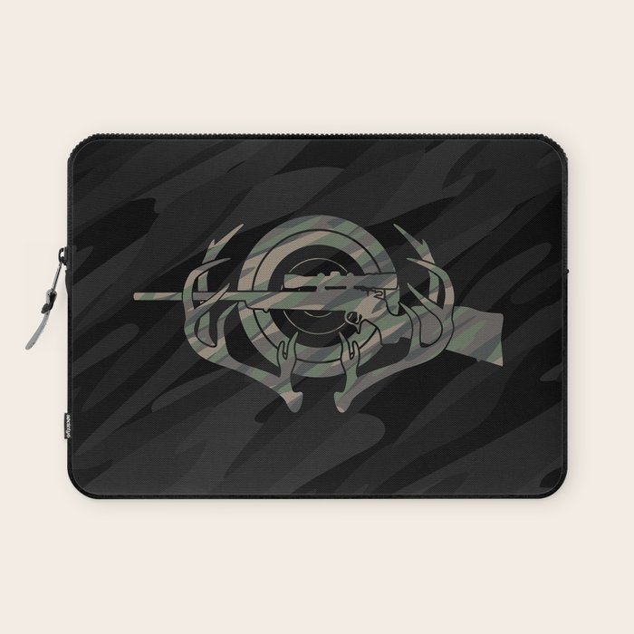 Camouflage Hunting and Shooting Sports Logo with Rifle, Buck Horns and Target Laptop Sleeve by