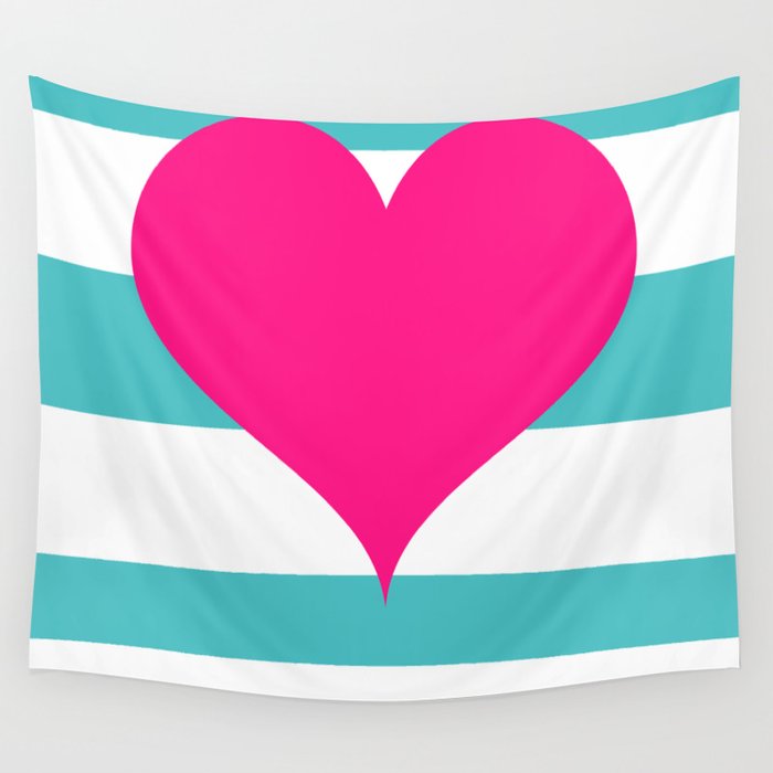 Hot Pink Heart on Teal Stripes Wall Tapestry
