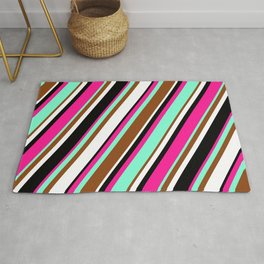[ Thumbnail: Vibrant Deep Pink, Aquamarine, Brown, White, and Black Colored Striped Pattern Rug ]