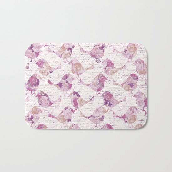 Vintage Flower Birds and handwriting pattern Bath Mat