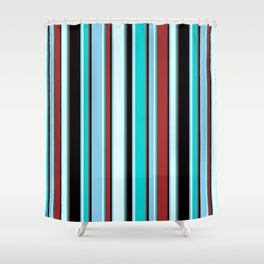 [ Thumbnail: Brown, Dark Turquoise, Light Cyan, Sky Blue, and Black Colored Lines/Stripes Pattern Shower Curtain ]