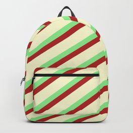 [ Thumbnail: Light Green, Red, and Light Yellow Colored Lined/Striped Pattern Backpack ]