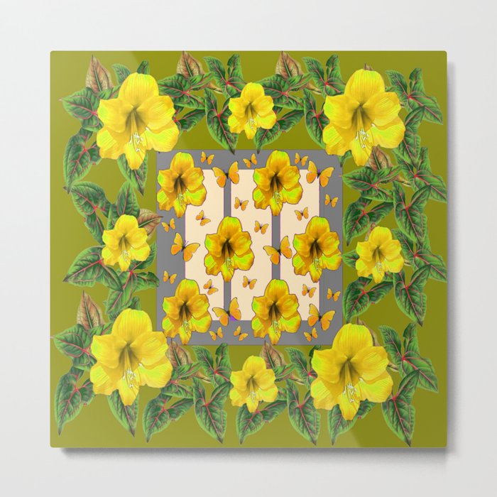 GREEN YELLOW AMARYLLIS FLOWERS BUTTERFLY FLORAL Metal Print