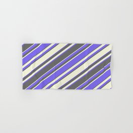 [ Thumbnail: Medium Slate Blue, Dim Gray, and Beige Colored Stripes Pattern Hand & Bath Towel ]